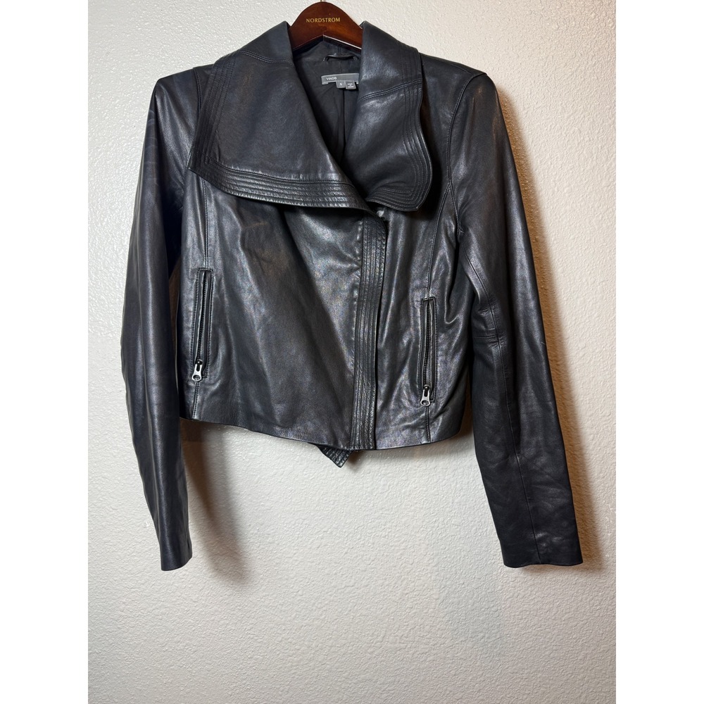 VINCE 100% Leather Moto Jacket Wide Draped Collar Charcoal Gray Size S